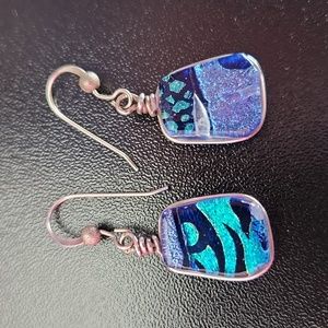 Handmade wired abstract glass bead earrings silver blue turquoise